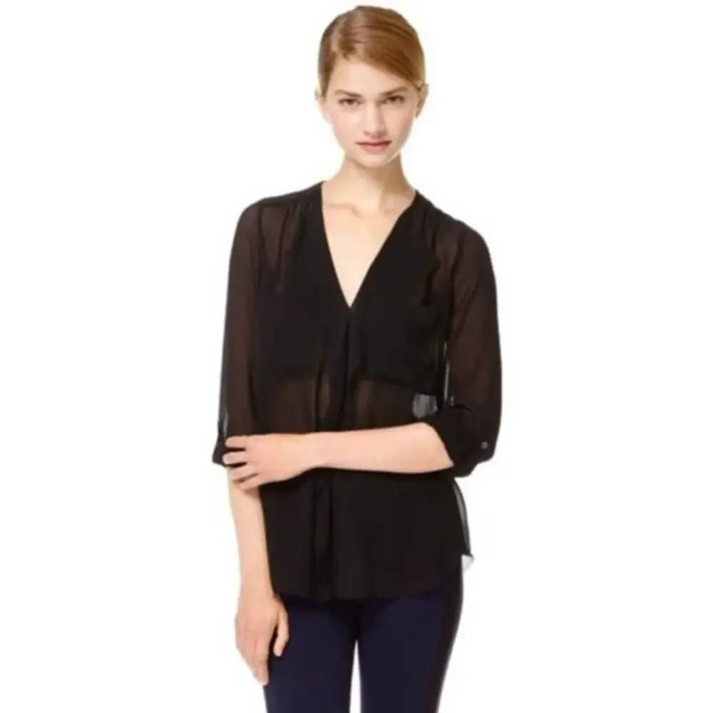 Babaton Aritzia Finley Silk Blouse Black Sheer Womens Size XS Roll Tab Sleeves